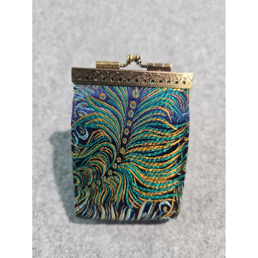 Cathayana RFID Blocking Brocade Card Holder Wallet – Navy & Gold Peacock Feather